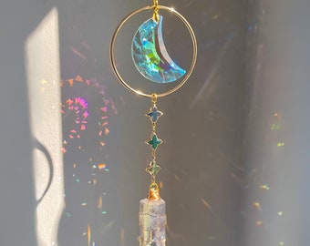 Moon Crystal Suncatcher, Aurora Borealis Window Rainbow Maker, Angel Aura Quartz Sun Catcher, Celestial Crystal Dream Catcher, Witchy Decor