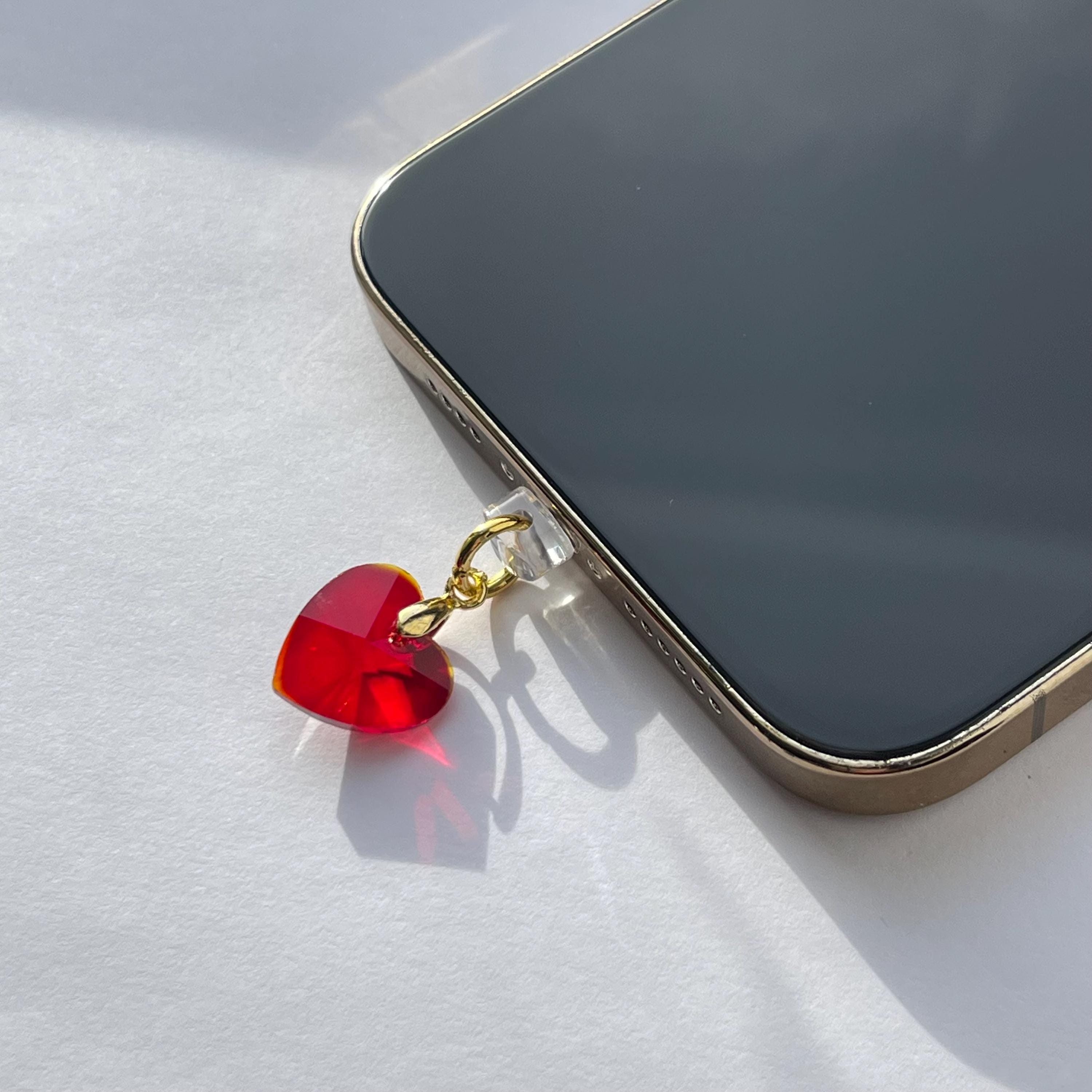 Red Faceted Glass Heart Phone Charm: Anti Dust Plug, Valentines Gift