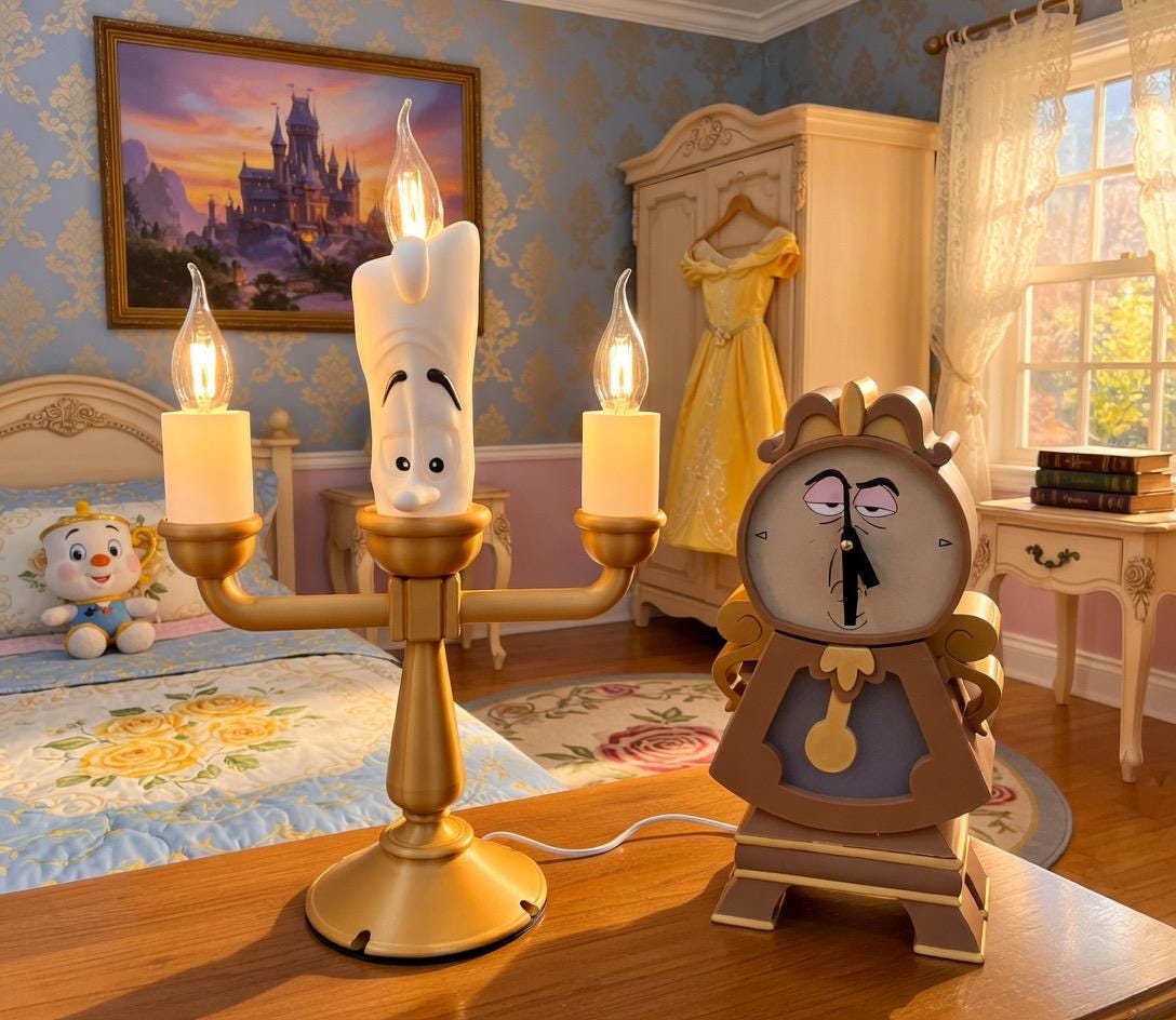 Light up Lumiere Lamp and Cogsworth Working Clock - Beauty and the