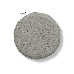 May include: A close-up of a pile of light gray dust. The word "Dust" is written above the pile.
