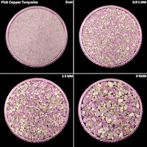 May include: Four circular trays displaying Pink Copper Turquoise in different sizes. The top left tray shows dust, with the others showing 0.5-1 mm, 1-3 mm, and 3-5 mm fragments. Each tray has a decorative, textured border.