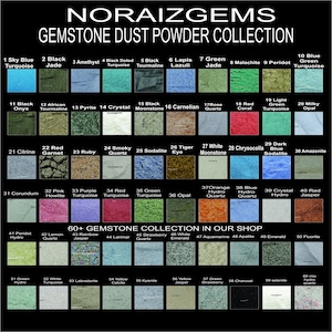 May include: A chart showing 60+ gemstone dust powder colors, with each color labeled with its name. The chart is organized in rows and columns, with each color displayed in a small square. The chart is titled "NORAIZGEMS GEMSTONE DUST POWDER COLLECTION" and includes the text "60+ GEMSTONE COLLECTION IN OUR SHOP".