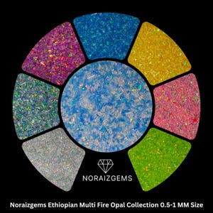 May include: A collection of Ethiopian multi-fire opals in a circular arrangement, showcasing a variety of colors including blue, pink, yellow, and green. The opals are 0.5-1 mm in size, with the Norraizgems logo at the bottom.