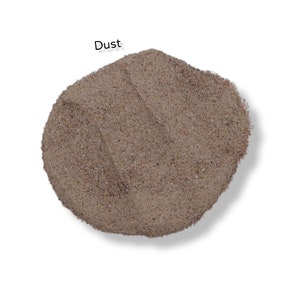 May include: A close-up of a pile of light brown dust. The word "Dust" is written above the pile.