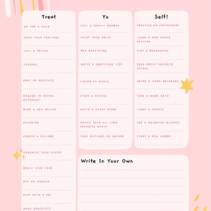 May include: A pink and white coping skills toolbox with the text "COPING SKILLS TOOLBOX". The toolbox is divided into three sections: Treat, Yo, and Self, each with a list of activities. The image has a whimsical design.
