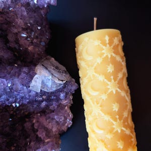Patterned Celestial Stars and Moons, Beeswax Pillar Candle, Toxin-Free, Zero-Waste Unscented Candle
