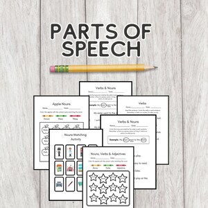 Parts of Speech Verbs Nouns and Adjectives Printable Pack