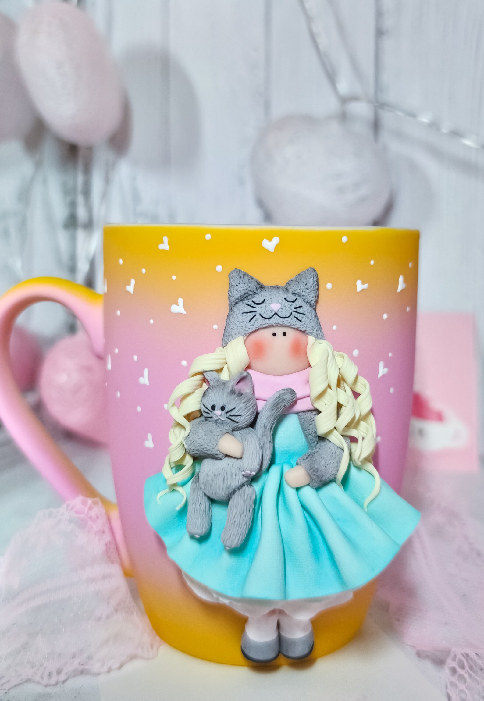 Mug with clay doll Mug with girl Polymer clay mug 3d mug Cute Etsy