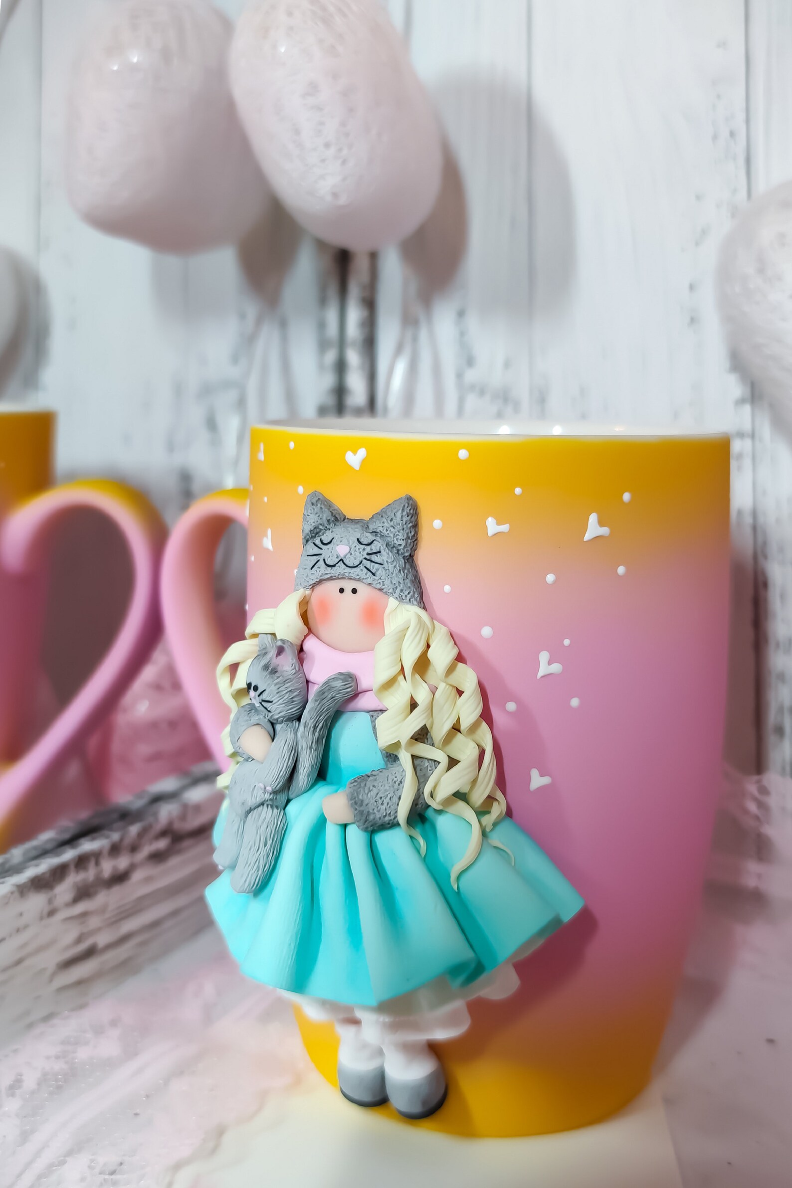 Mug with clay doll Mug with girl Polymer clay mug 3d mug Cute Etsy
