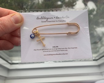 Baptismal Pin- Baptism Gift- Evil Eye Pin- Baby Pin -Cross Pin - Gift for new mom- gift for baby