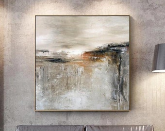 Abstract Landscape Painting: Beige Grey Wall Art, Contemporary Home Decor