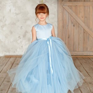 Flower girl dress, blue flower girl dress, long flower girl dress,light blue flower girl dress,tulle flower girl dress,first communion dress