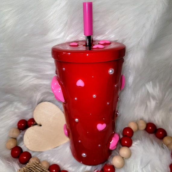 3D Lips, Hearts, and Pearls 20 oz Valentine Tumbler with Heart-shaped straw and Silicone Straw tip