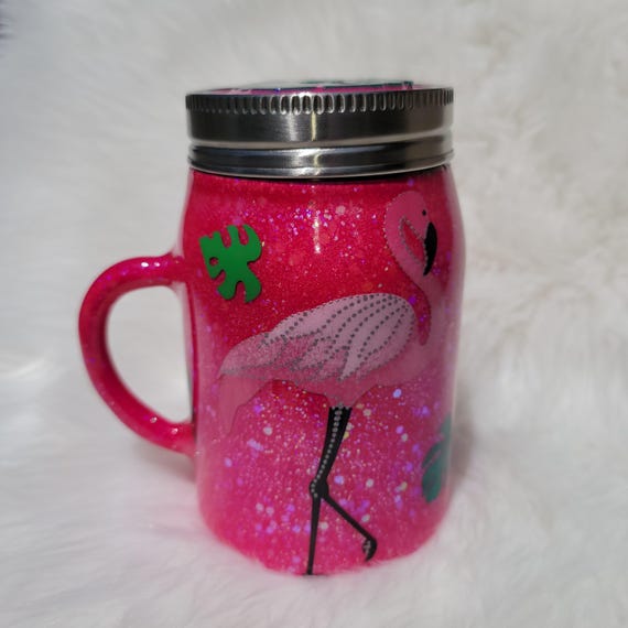 17 oz Flamingo Stainless Steel Mason Jar Tumbler with Palm Topper