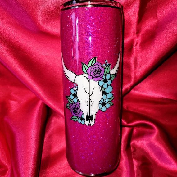 Southwestern Cattle Skull with Flowers 20 oz Glitter Tumbler