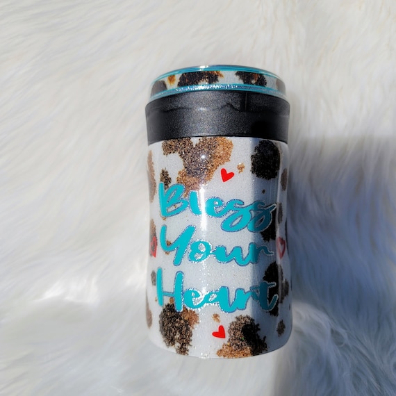 Bless Your Heart Cowprint Glitter Stainless Steel Can/Bottle Coozie