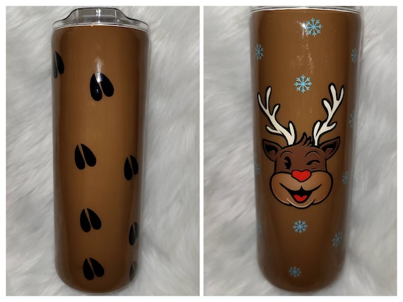 20 oz Skinny Cute Winking Reindeer Tumbler w Snowflakes