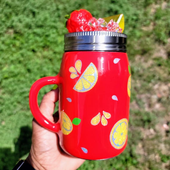Strawberry Lemonade 17 oz Mason Jar with Glitter and Ice Topper