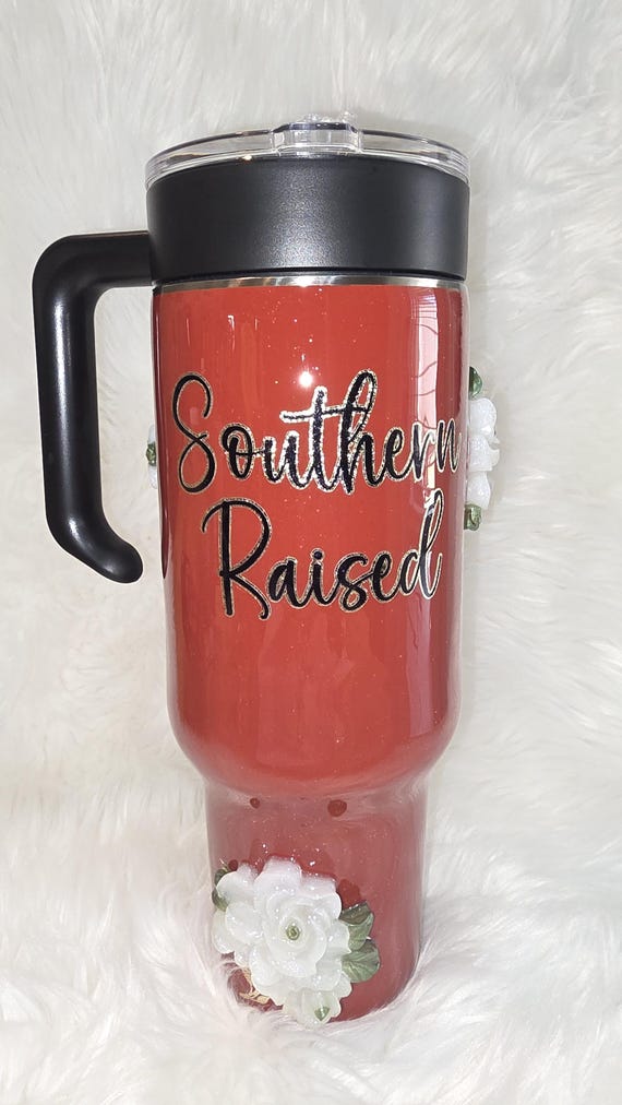 Southern Raised Red-Colored 40 oz Stainless Steel Tumbler with Handle and 3D Flowers