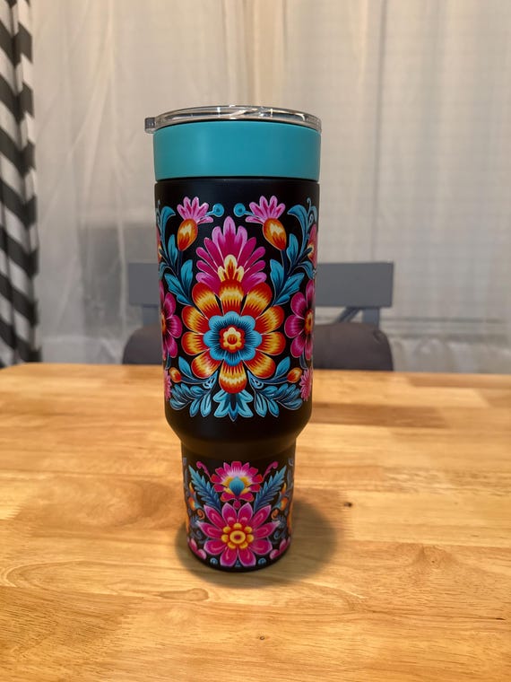 40 oz Floral Mexican Embroidery Stainless Steel Tumbler with Interchangeable Handle and UV DTF stickers.