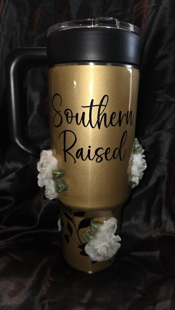 Southern Raised Gold-Colored 40 oz Stainless Steel Tumbler with Handle and 3D Flowers