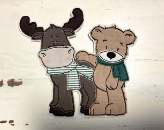 Applikation Winterbuddies, Aufnäher, Patch, Freunde, beste Freunde, Teddy, Rentier, Elch, Stickwolke, grün