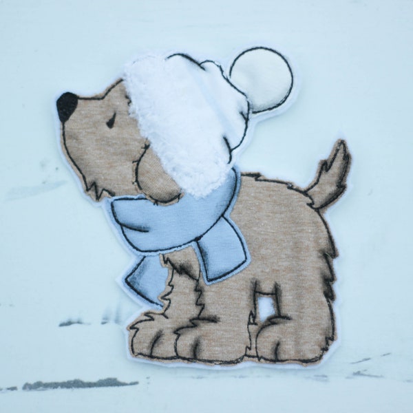 Applikation Hund mit Schal, Appli, Aufnäher, Patch, Button, Elefant, Stickwolke