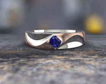 14K White gold wedding band with sapphire, Viking ring women with diamonds, Vintage style wedding bands women, Anniversary gift for couple