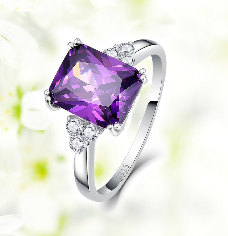 Sterling Silver Solidrate Accent Amethyst Ring Valentine Day Amethyst Vintage Promise Ring Cubic Zirconia Ring February Birthstone