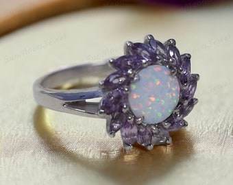 Round Opal & Alexandrite Ring 14k Yellow Gold Vintage Sterling Silver Sunflower Design Unique Bridal Promise Ring October Birthstone