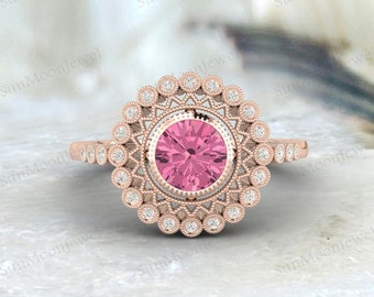 Natural Pink Tourmaline Diamond Ring Round Pink Tourmaline Ring Unique Engagement Ring October Birthstone Gift Pink Ring Valentine's Day
