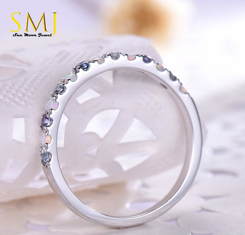 Half Eternity Alexandrite Birthstone Band Topaz and Opal 925 Sterling Silver Ring Eternity Opal Band Half Eternity Wedding Ring