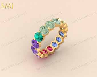 Multi Sapphire Oval Shape Wedding Band - Rainbow Sapphire Half Eternity Ring in 14k Gold or 925 Sterling Silver, September Birthstone