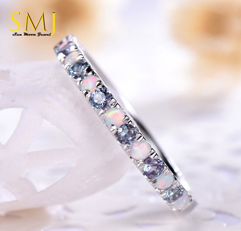 Half Eternity Alexandrite Birthstone Band Topaz and Opal 925 Sterling Silver Ring Eternity Opal Band Half Eternity Wedding Ring