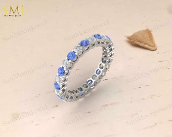 Blue Sapphire Diamond Eternity Wedding Band - September Birthstone Jewelry - 925 Sterling Silver or 14k Gold - Anniversary Gift For Her