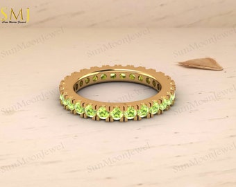 Green Peridot Eternity Band - 925 Sterling Silver Wedding Ring - August Birthstone Stacking Band - Dainty Peridot Wedding Band