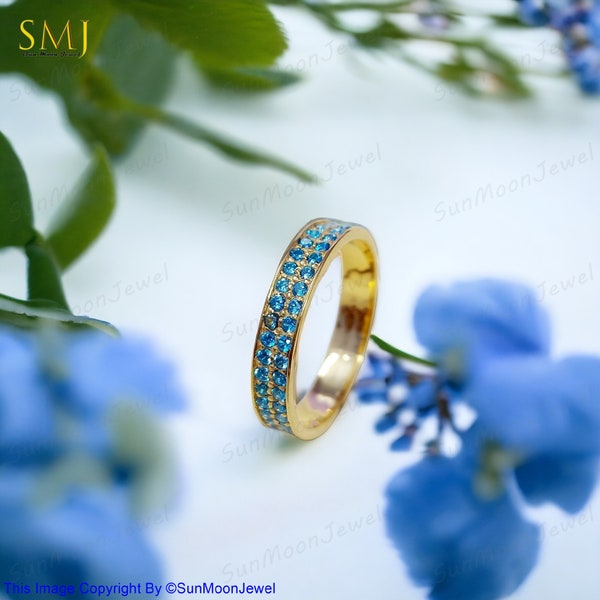 Teal Blue Diamond Eternity Band April Birthstone Full Eternity Gold Wedding Ring Micro Pave Design Stackable Bridal Jewelry Blue Zircon