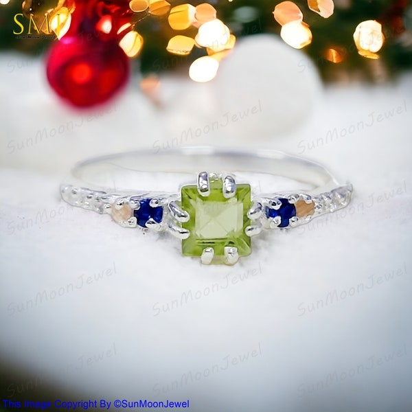 Princess Cut Peridot Ring with Sapphire Stone - Dainty Wedding Band, August Birthstone in 14k White Gold, Morganite, Sapphire Jewelry