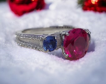 Unique Sapphire and Ruby Wedding Ring - Gold Birthstone Band - Vintage Red Ruby Engagement Ring - Rose Gold Cluster Sapphire Ring