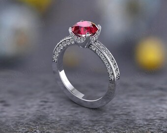 Red Ruby Engagement Ring Vintage Bridal Wedding Ring Lab Ruby Promise Sterling Silver Ring Set Anniversary Gift For Women Diamond Ring