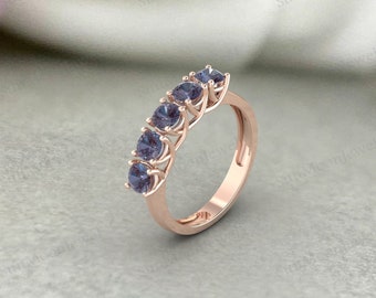 Natural Color Change Alexandrite 5 Stone Ring Anniversary Band Real Round Cut Alexandrites Solid 14k 18k Gold June Birthstone 925 Silver