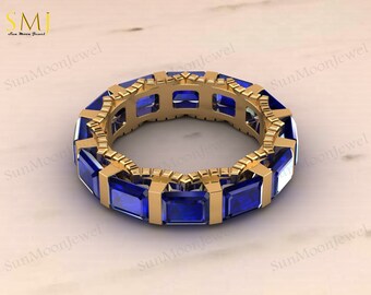 Blue Sapphire Minimalist Wedding Band 14K Solid Gold Band Emerald Shape Stone Vintage Ring Bridal Band Anniversary Gift Full Eternity Band