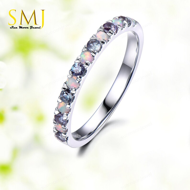 Half Eternity Alexandrite Birthstone Band Topaz and Opal 925 Sterling Silver Ring Eternity Opal Band Half Eternity Wedding Ring