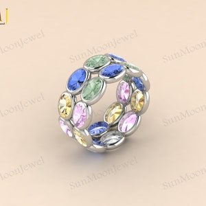 18k Yellow Gold Multi Sapphire Eternity Band - Rainbow Gemstone Ring - Oval Cut - Handmade Women's Jewelry - Statement Gift