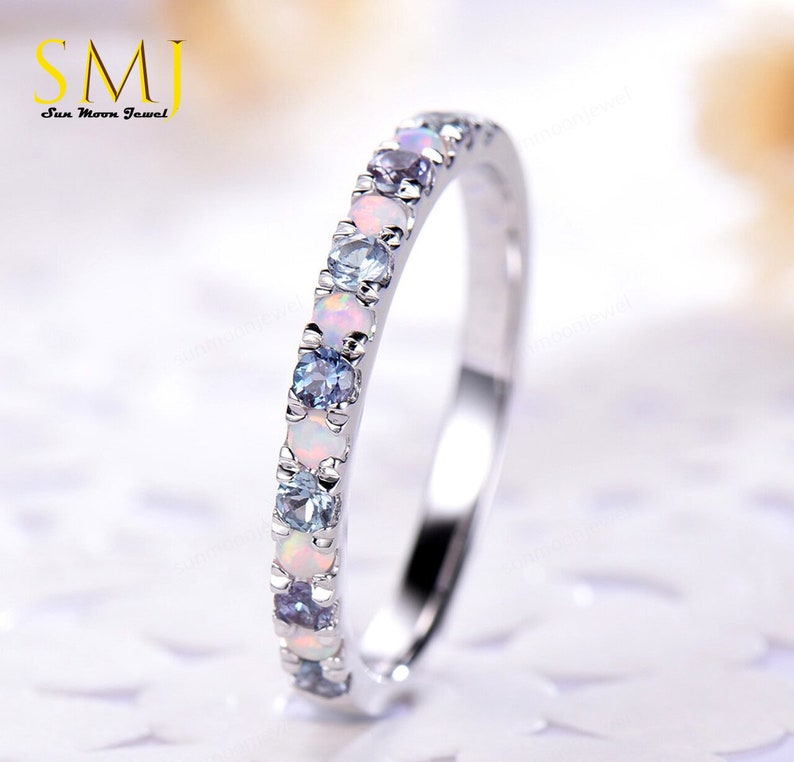 Half Eternity Alexandrite Birthstone Band Topaz and Opal 925 Sterling Silver Ring Eternity Opal Band Half Eternity Wedding Ring