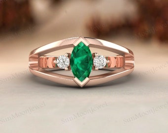 Vintage Marquise Emerald Engagement Ring - 14K Rose Gold Vermeil - May Birthstone Promise Ring - Anniversary Gift for Her Green Gemstone