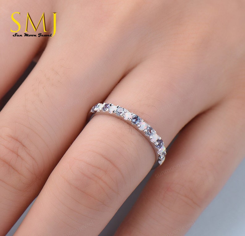 Half Eternity Alexandrite Birthstone Band Topaz and Opal 925 Sterling Silver Ring Eternity Opal Band Half Eternity Wedding Ring