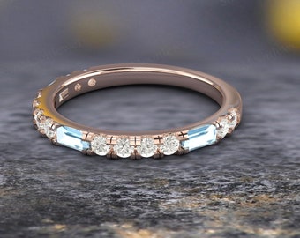14K Solid Gold Baguette Cut Blue Topaz & Diamond Wedding Ring Half Eternity Band for November Birthstone Minimalist Stacking Match Ring