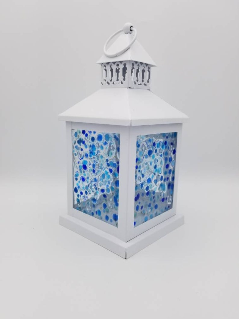 Small Starry Night Custom Fused Glass Lantern Centerpiece with LEDs Blues and White Stars Nightlight Sky image 9