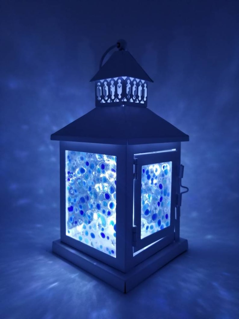 Small Starry Night Custom Fused Glass Lantern Centerpiece with LEDs Blues and White Stars Nightlight Sky image 6